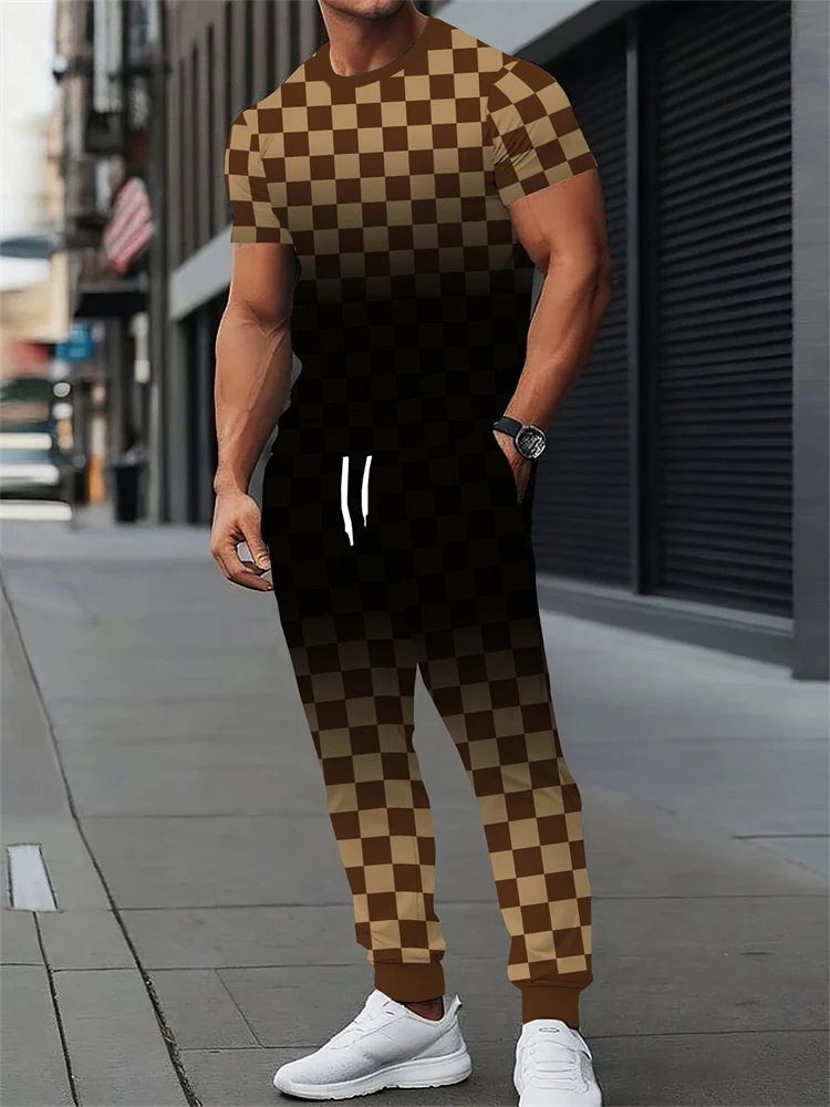 الصيف الرجال التدرج المرقعة طباعة قطعتين مجموعة أنيقة طاقم الرقبة قصيرة الأكمام مع الرباط السراويل الرجال البدلة