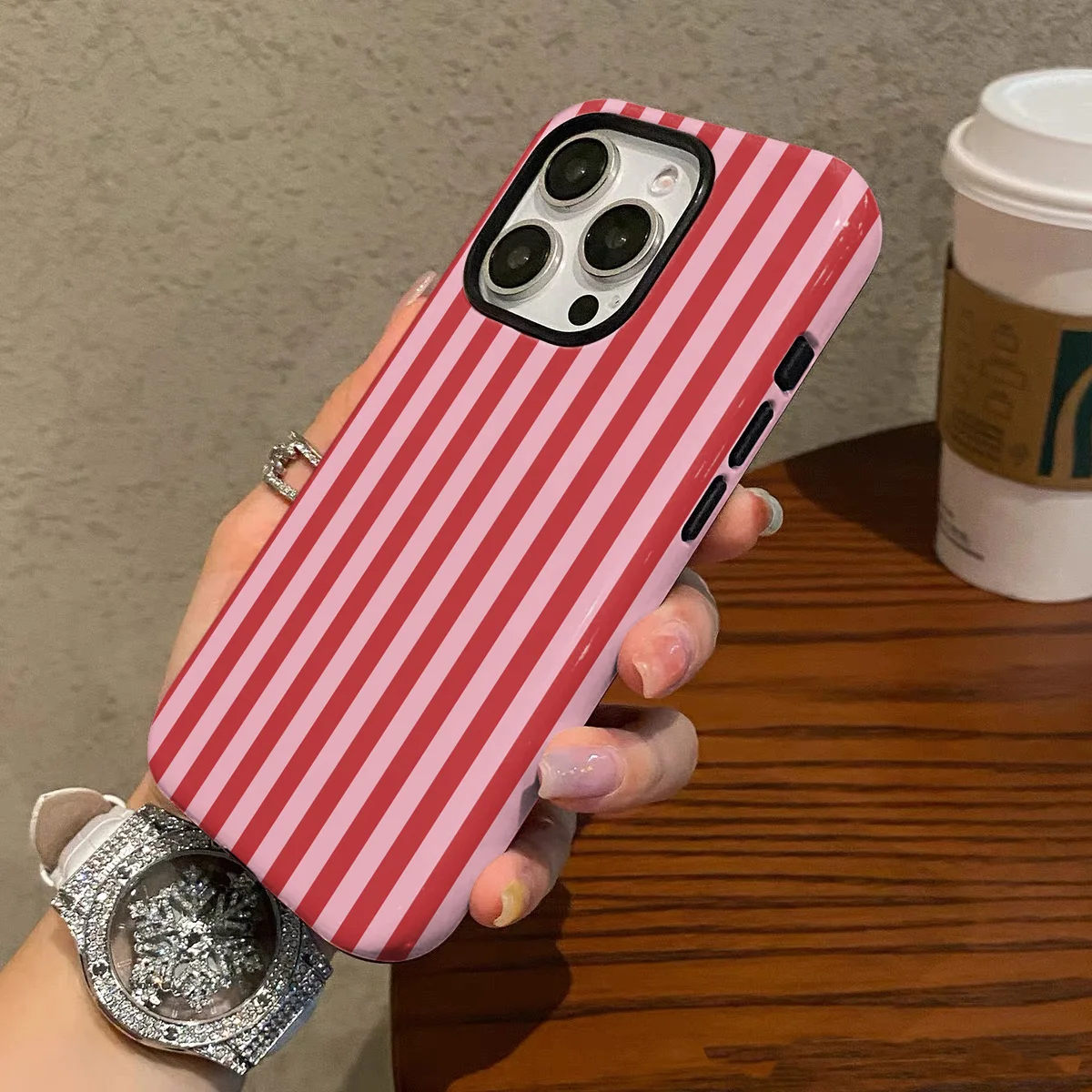 Luxury Double-Layer Pink Striped Phone Case with Fashion Design