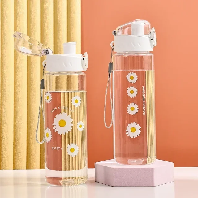 600ml Daisy Flower Plastic Water Bottle Sports Transparent Water Bottle Portable Gym Travel Clear Leakproof Drinking Bottle 4