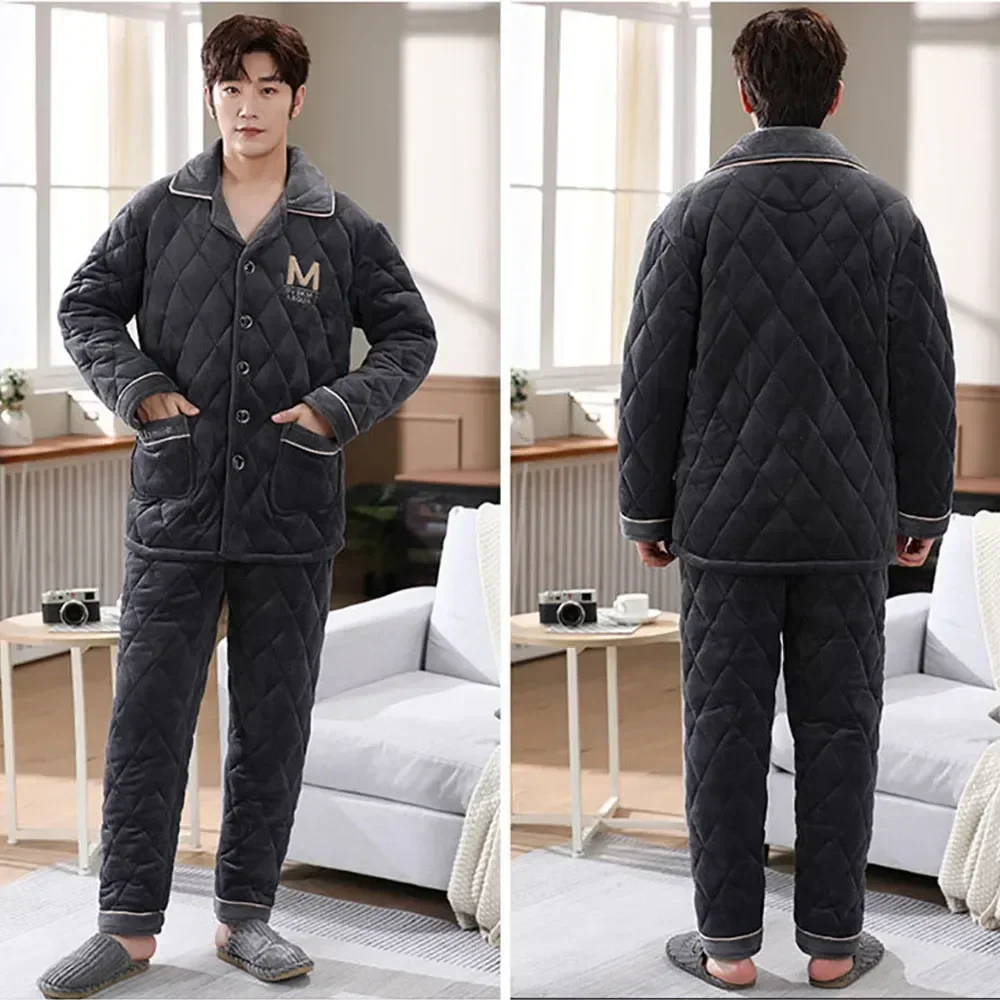 

for Buttons Winter Casual Flannel Comfortable Hombre Set 3-layer Quilted Sleepwear Pajamas Pijama Plaid Men Warm Thicken
