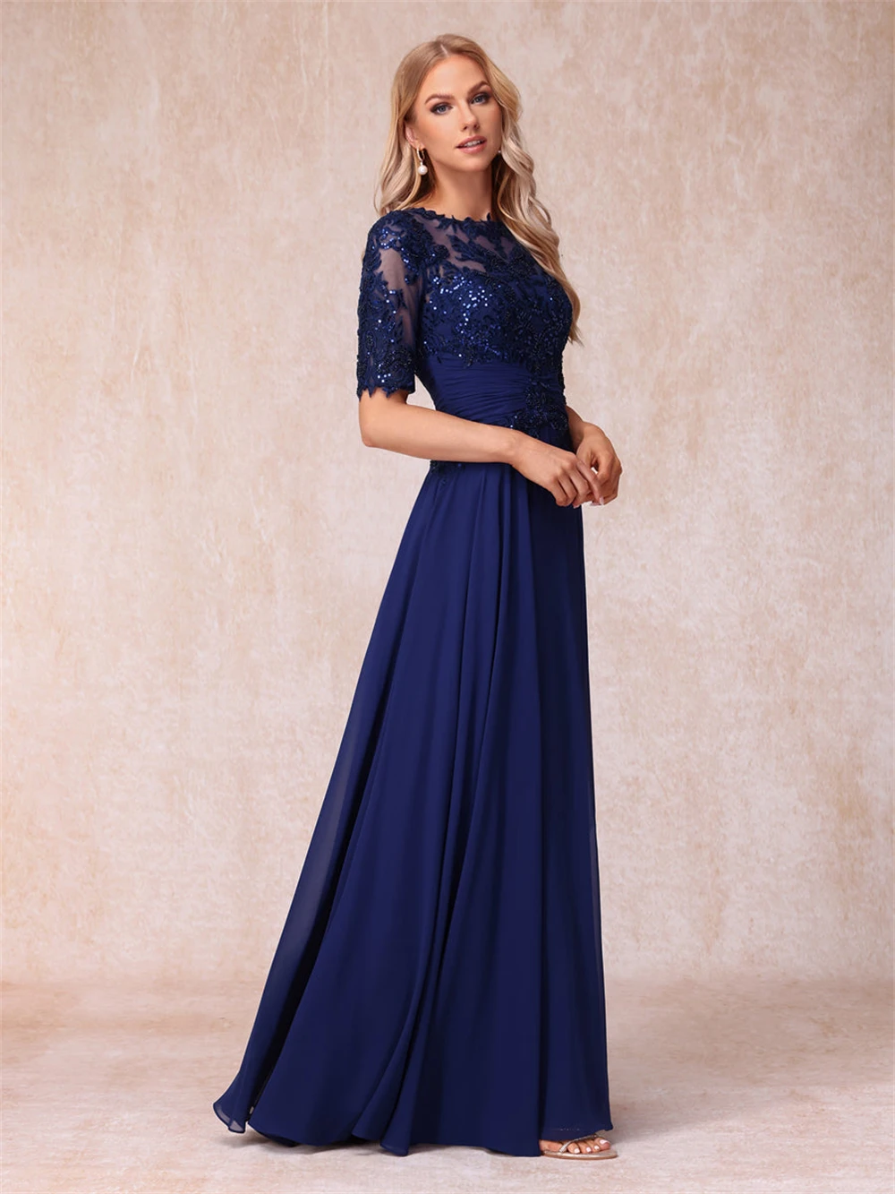 Simple Lace Appliques O-Neck Chiffon Mother of theBride Dresses With Wedding Sleeves A-Line Long Formal Evening Gowns for Women