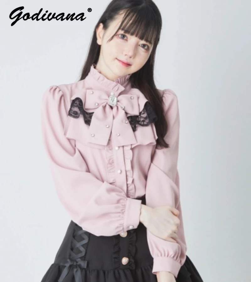 Новинка-Весна-2024-розовая-блузка-в-японском-стиле-с-воротником-стойкой-и-бантом-рубашка-милая-блузка-ручной-работы-с-бриллиантами-и-длинными-рукавами-топы