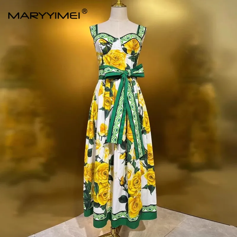

MARYYIMEI Fashion Summer Woman's Pure cotton dress Spaghetti Strap Yellow Rose Floral-Print Beach vacation Lace up Dresses
