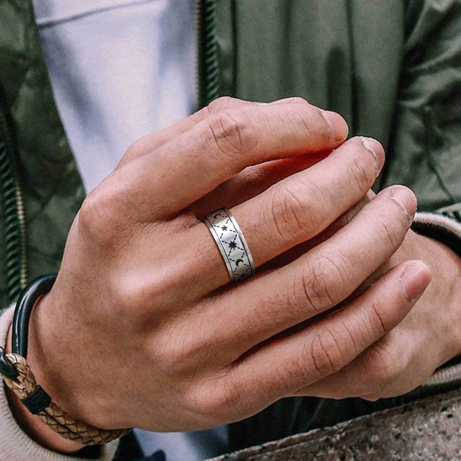 Sun Moon Star Ring for Men Boys,Never Fade Stainless Steel Spinner Ring,Punk Jewelry Gift