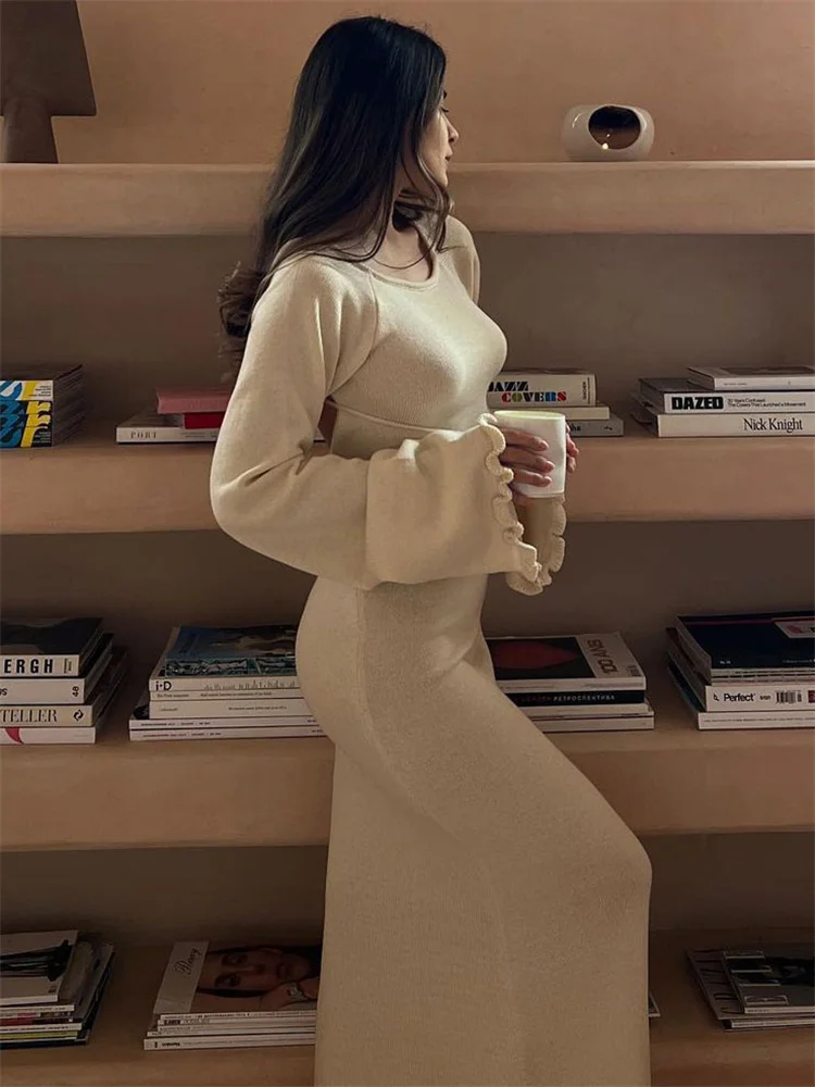 fitted lace wedding dress Backless Round Neck Long Sleeve Sweater Dress – Abela Story