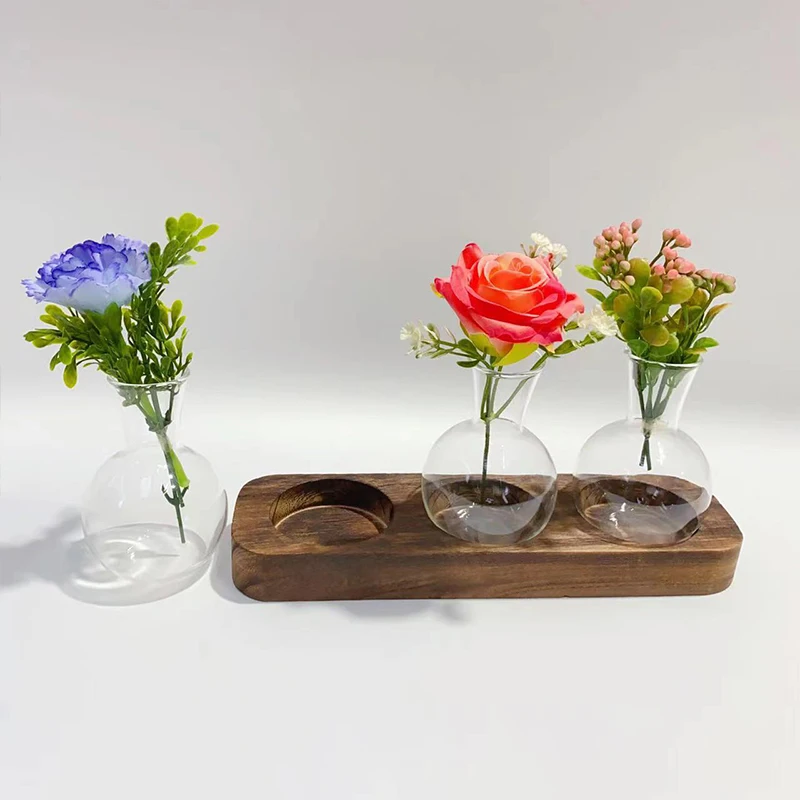 

Desktop High Borosilicate Glass Hydroponic Vase Wood Base Office Living Room Decoration Lazy Water Raised Green Plant Bottle