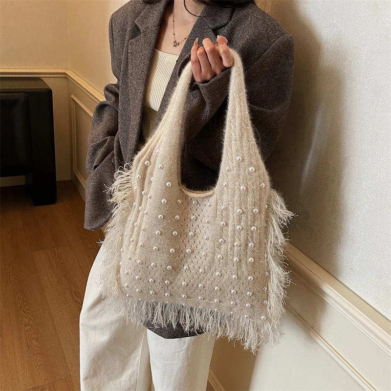 Women Knitted Fabric Boho Crochet Beach Bag with Imitation Pearl Hobo Handbag Crochet Underarm Bag for Daily Use