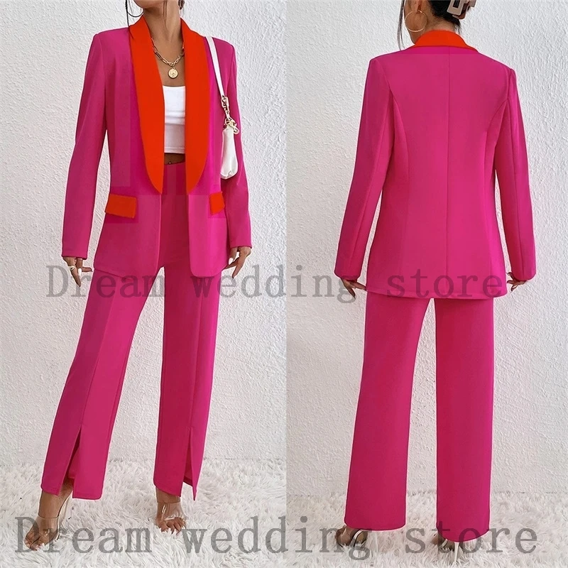 

Hot Pink Women Pants Suits Set 2 Pcs Blazer Stitching Color Custom Made Jacket Formal Office Lady Prom Dress Женский костюм