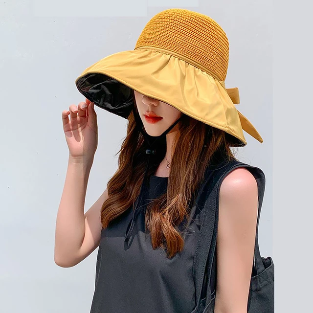 YUDX Summer Big Brim Collapsible Sunshade Hats For Women Korean Style  Outdoor Cycling UV Protection Women's Straw Plaited Caps - AliExpress