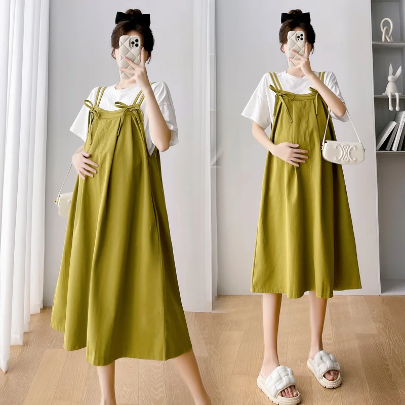 Q73854# Top + Dress Maternity Clothes Suspender Dress Women Korean Style Suits Summer 2 Pcs Maternity