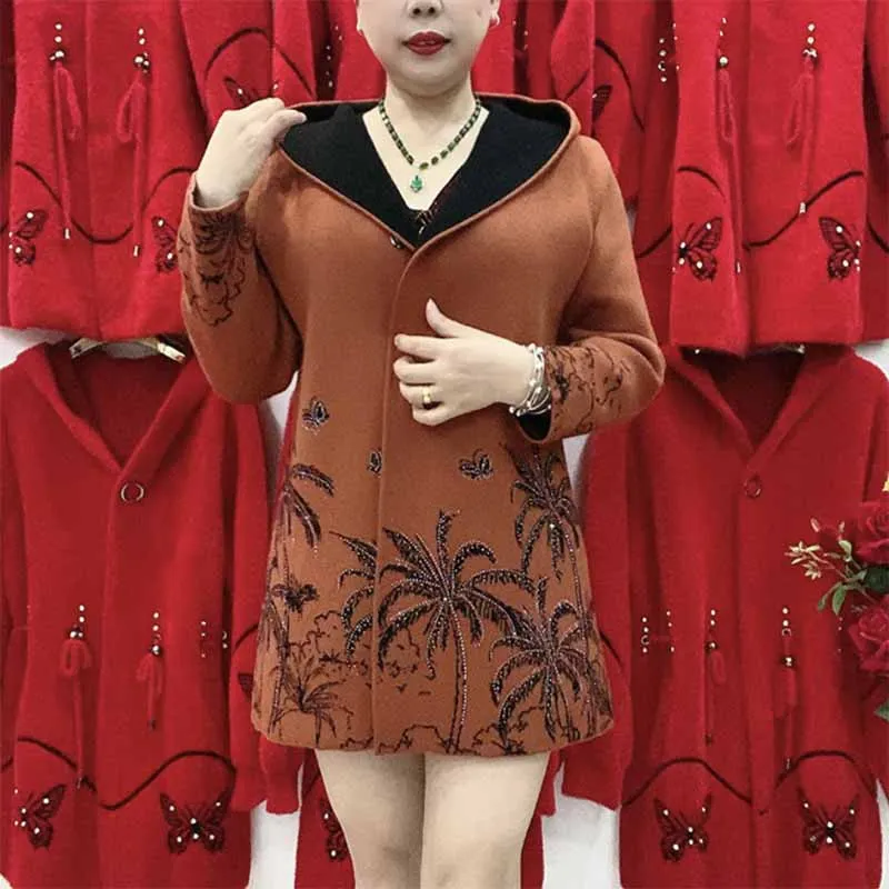 

New Hooded Woolen Coat Women Autumn2024 Fashion Hot Drilling Double-Sided Overcoat Lady Long-Sleeved Casual Cardigan Wool Jacket