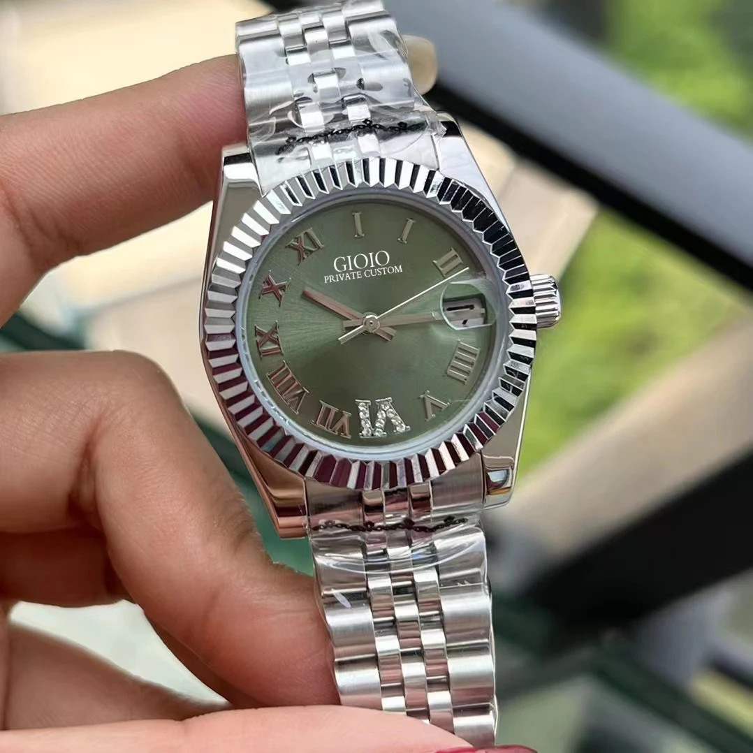 

Luxury Womens Automatic Mechanical Watch Stainless Steel Calendar Silver Rose Gold Black Green Rome Dial Wristwatch 31mm