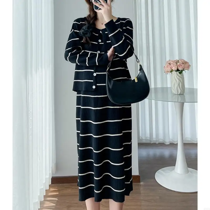 090A 임신 한 여성을위한 임신 옷 복장 야외 활동 니트 가디건 롱 드레스 출산 버튼 다운 가디건