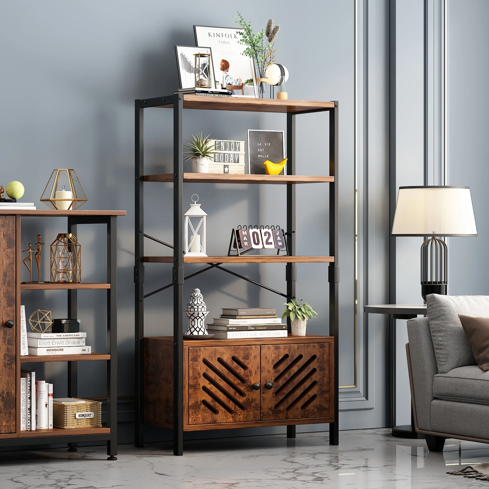 

Industrial Bookshelf and Bookcase with 2 Louvered Doors and 3 Shelves, Standing Storage Cabinet for Home Office,Bedroom,Washroom