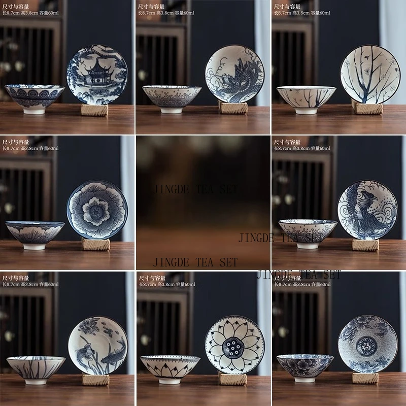 Single blue and white porcelain bamboo hat owner's teacup ceramic tea and wine tasting cup household small wine bowl