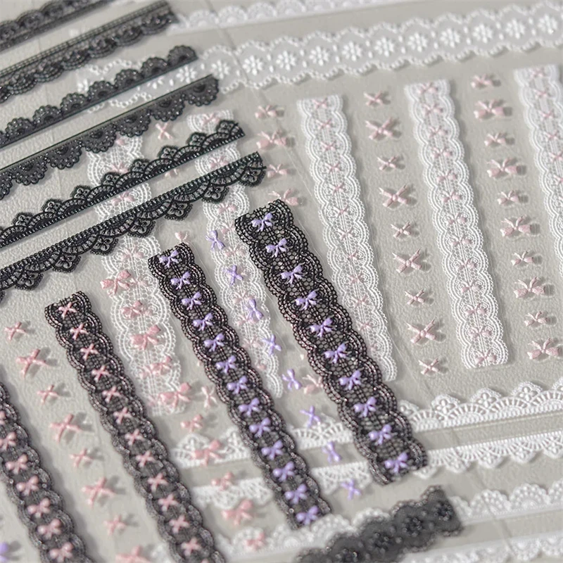 1pcs Sweet Pearl Lace Bow Nail Stickers Love Heart Pink White Black Lace Bow Self Adhesive Nail Art Decorations Decals Accessory 2