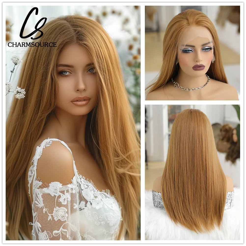Lace Front Wigs CharmSource 13*6 Orange Synthetic Long Straight with Bands for Women Daily Cosplay High Density Hair