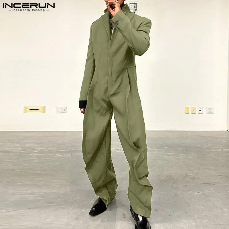 

2023 Men Jumpsuits Solid Color Lapel Long Sleeve Loose Fashion Rompers Men Streetwear Oversize Casual Overalls S-5XL INCERUN 7
