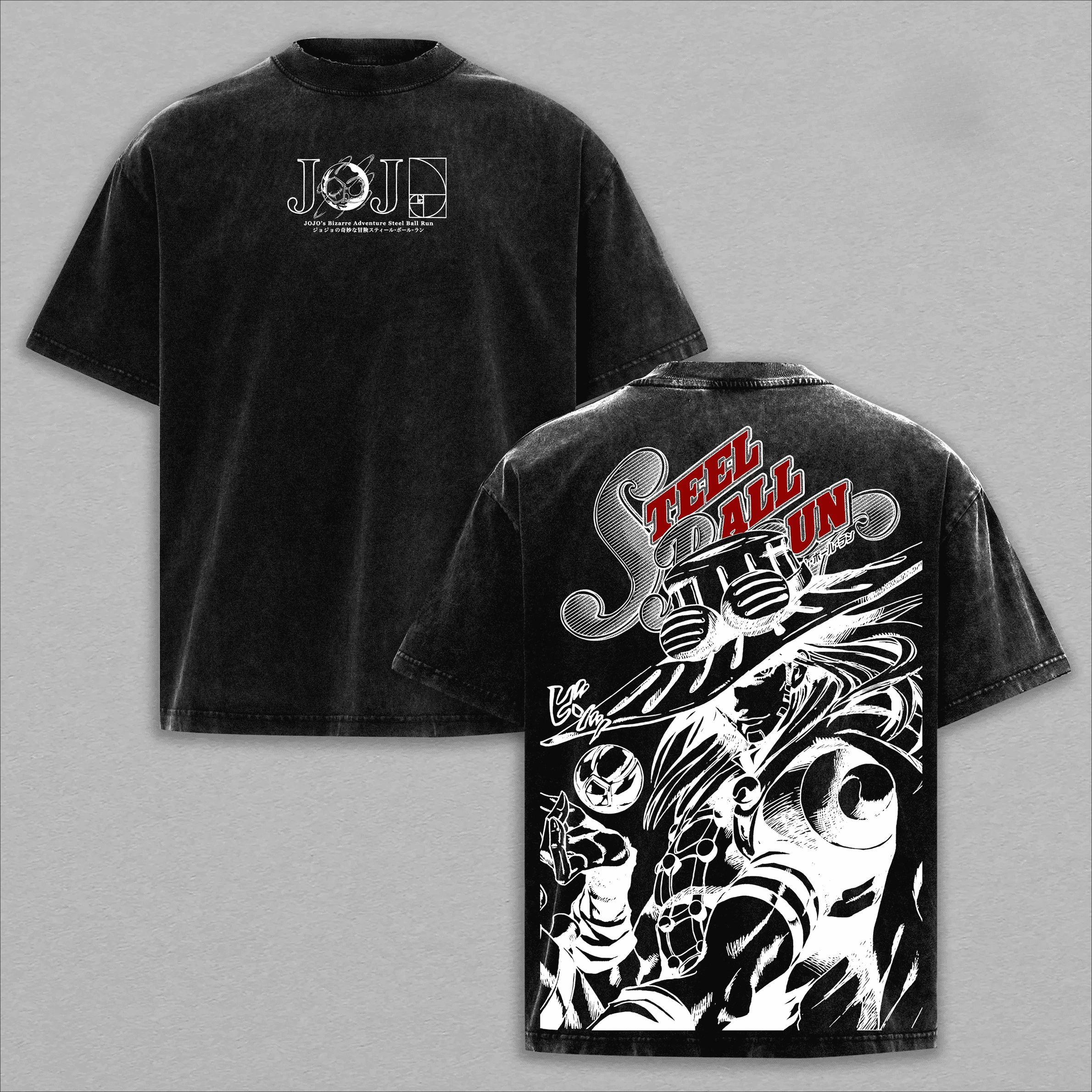 Vintage Washed JoJo's Bizarre Adventure Anime Oversized Men's T-Shirt - Pure Cotton Short Sleeve Tops