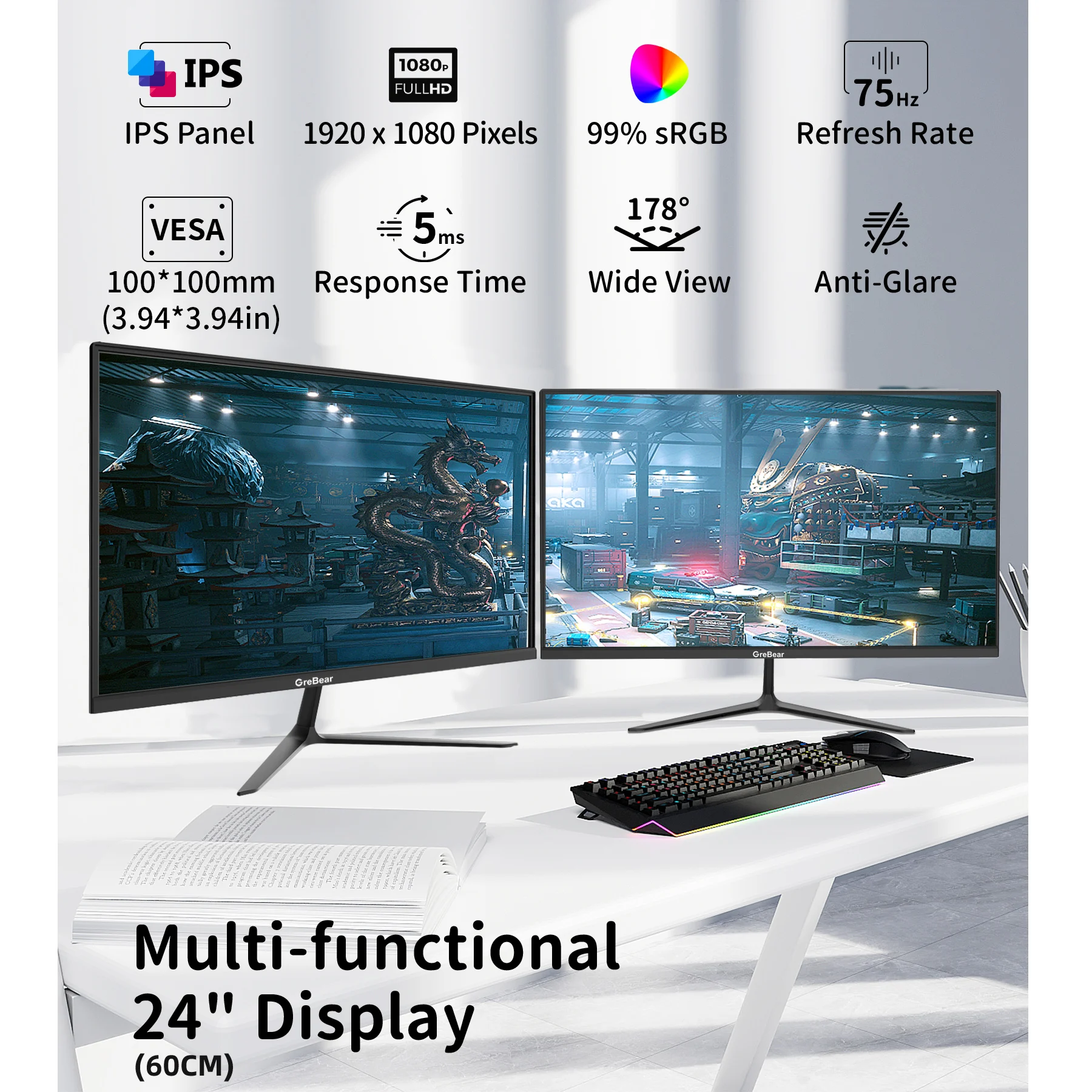 GreBear IPS Computer Monitor 24 Inch, FHD 1080p PC Monitor 5ms(GTG) 99% sRGB,Ultra Slim, LED Low Blue Light An 2