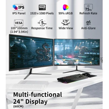 GreBear IPS Computer Monitor 24 Inch, FHD 1080p PC Monitor 5ms(GTG) 99% sRGB,Ultra Slim, LED Low Blue Light An 2