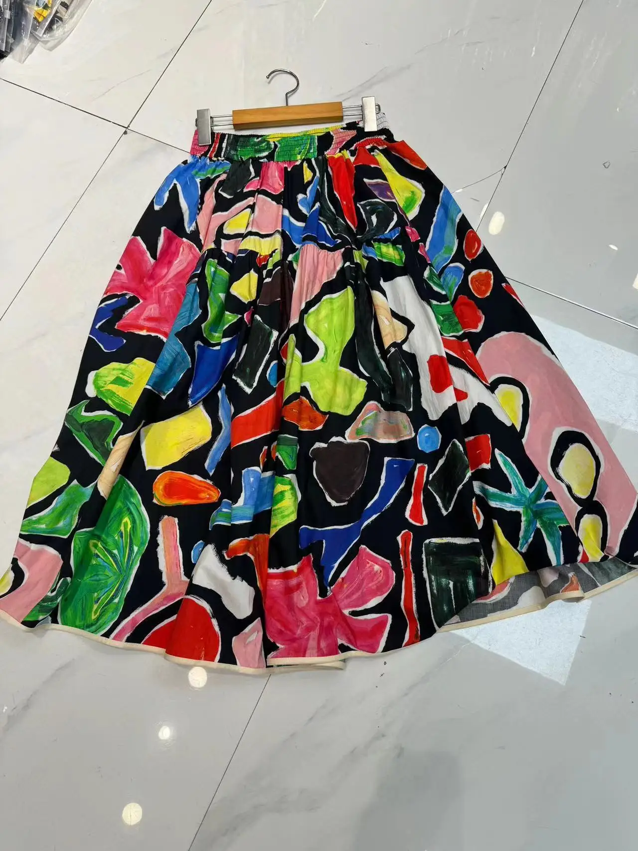 

half skirt women's cotton poplin fashionable color printed elastic waist pleated large hem mid length 2024 new