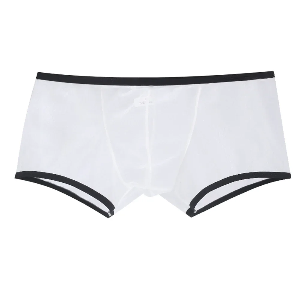 

Summer Men’s Boxer Shorts Sheer Mesh Low Waist Underpants Solid Color Fully Transparent Four Corner Briefs Elastic Male Panties