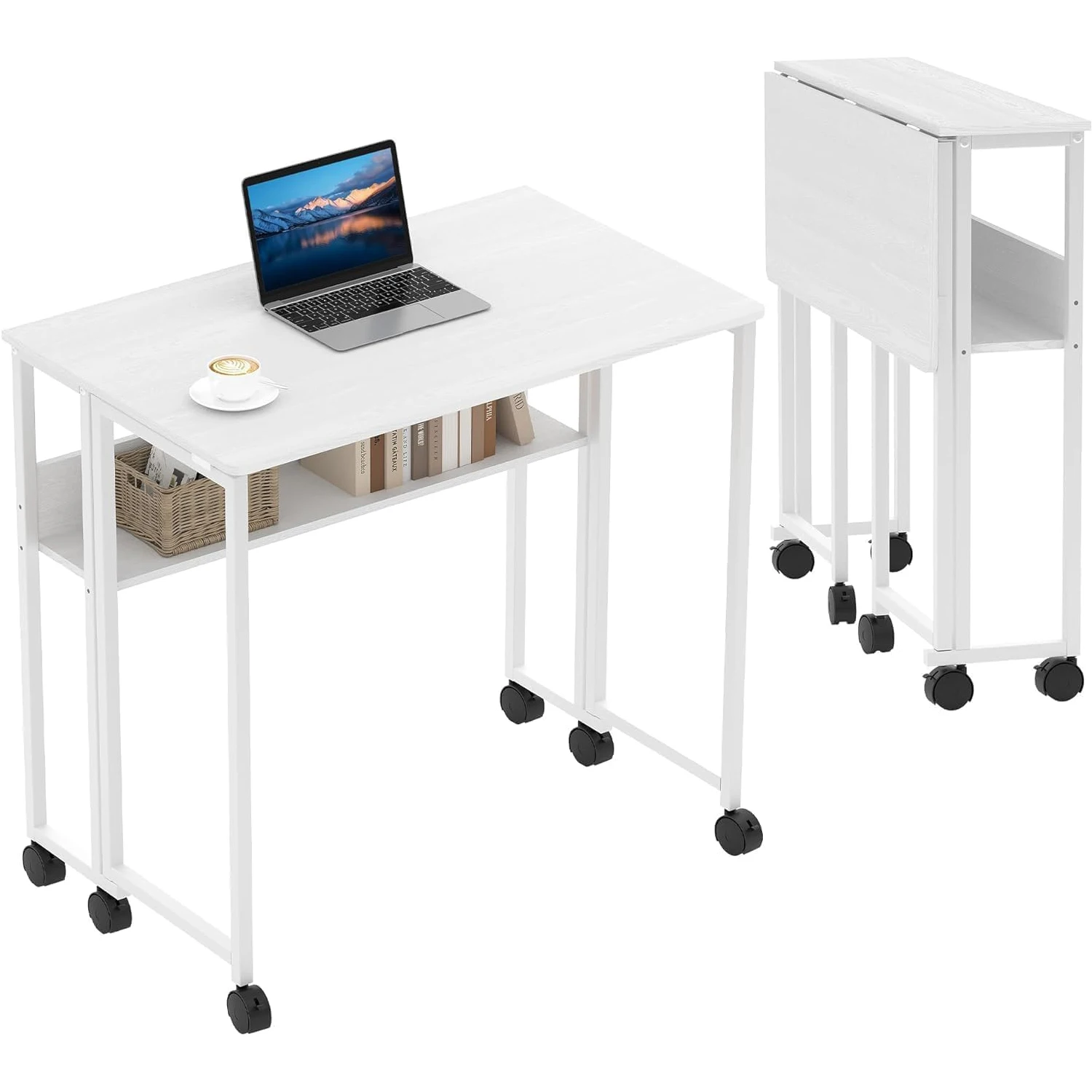 Small Folding Desk Space Saving Writing Table Workstation 63cm Foldable Computer Rolling Desk for Home Office Study