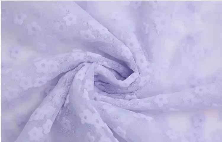 Elegant Floral Flocking Lace Fabric in Light Purple for Bridal and Girl Dresses