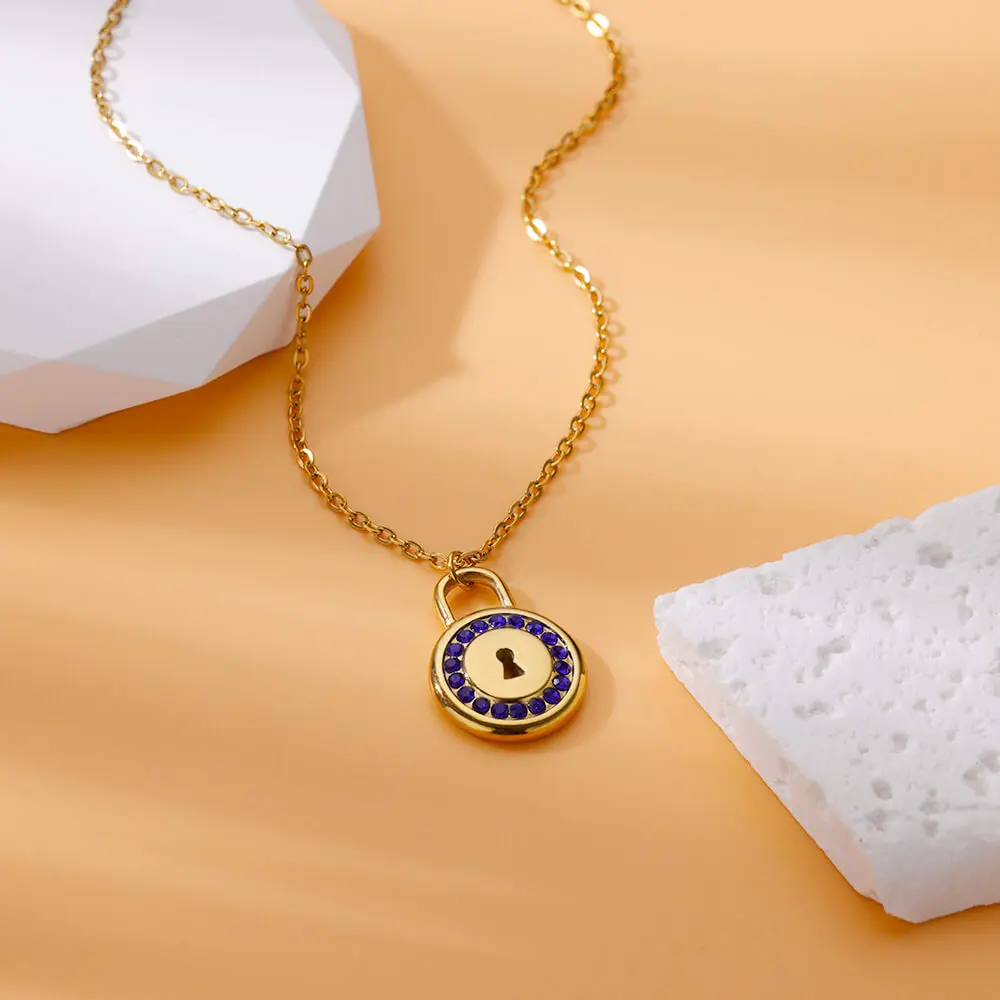 White Zircon Round Lock Stainless Steel Chain Necklaces For Women