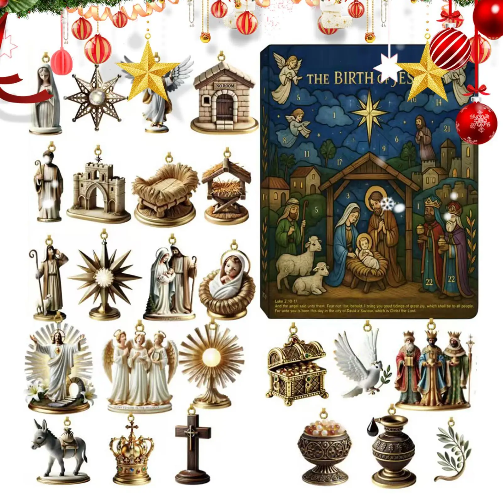 Christmas pendant Advent calendar 24-Pendant Nativity of Jesus Countdown Calendar Nativity Figurine Set, Nativity Playset