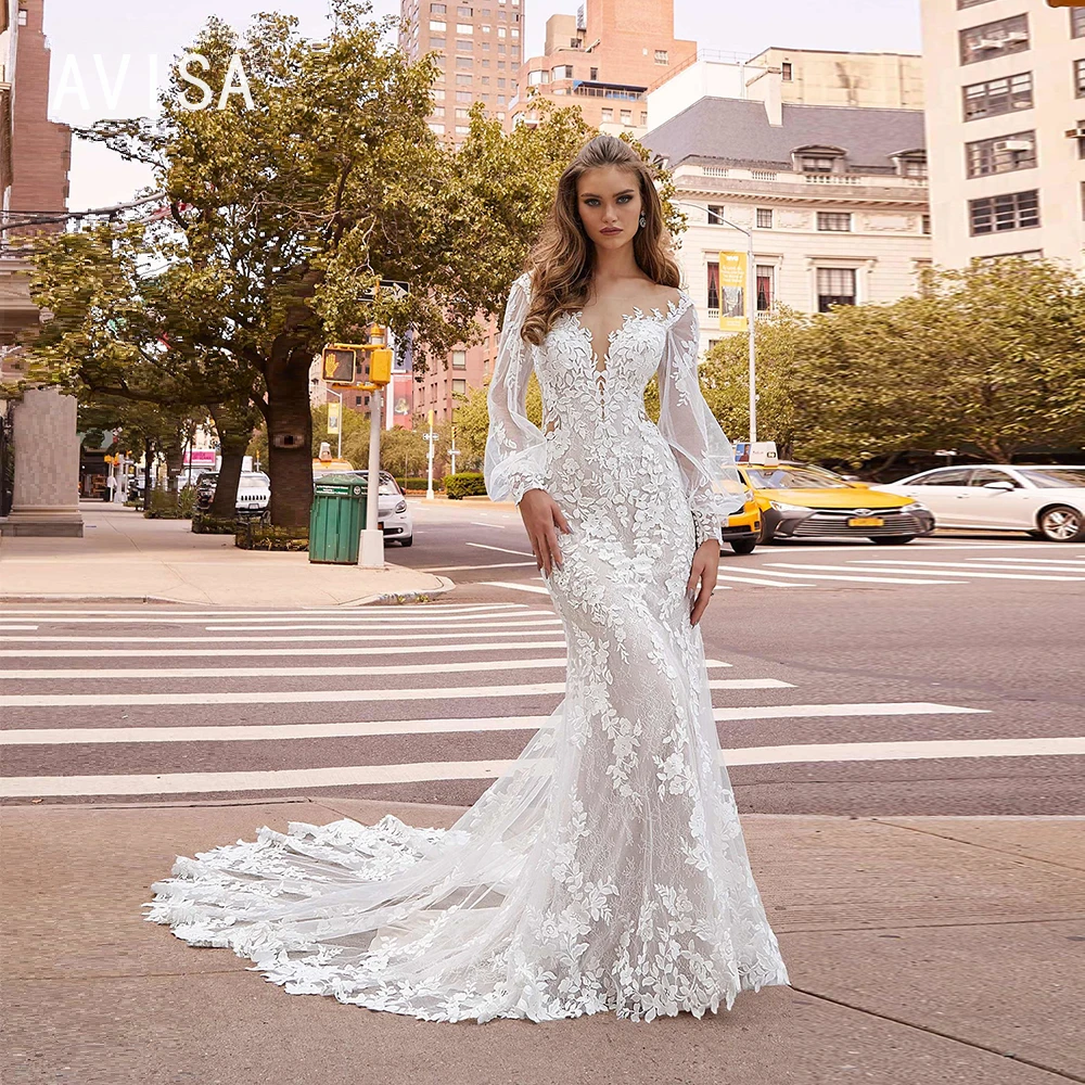 

Elegant Wedding Dresses V-neck Sheath Puff Sleeves Court Train Backless Custom Made Illusion Lace Vestidos De Novia Appliques