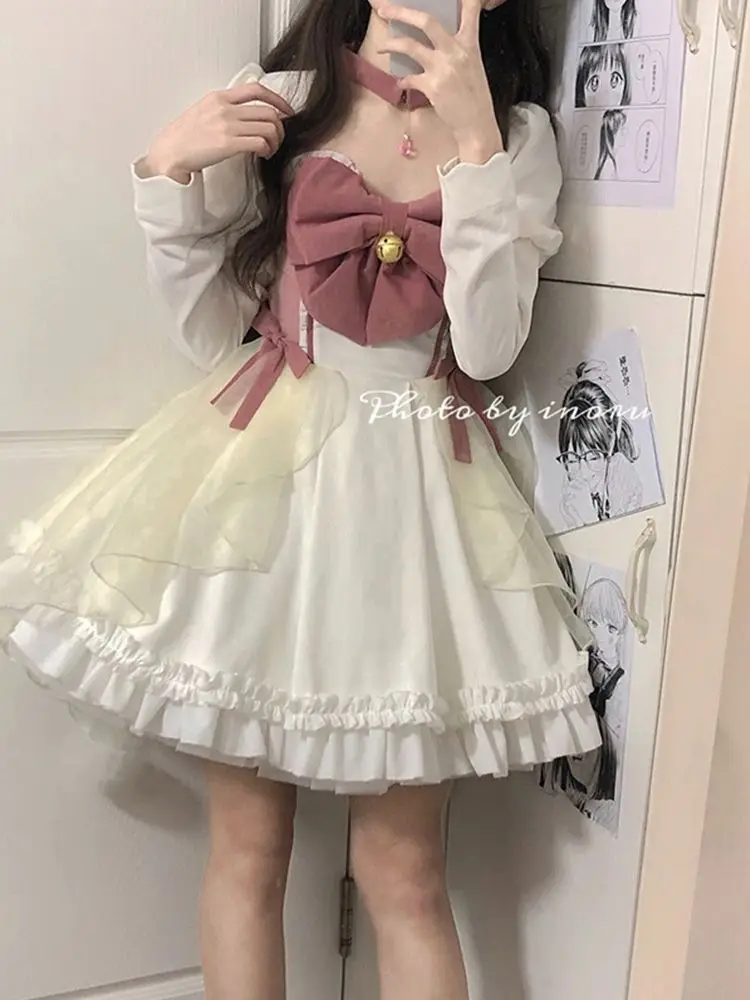 Japanese Sweet Princess Lolita Dress Women Autumn Mesh Patchwork Korean Party Dress Female Bow Long Sleeve Sexy Y2K Dress diy shawl bow gloves fingerless lolita jk lace flocked gothic sunscreen sleeve clothing accessories elastic mesh punk gloves