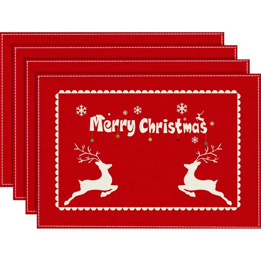 4/6/8PcsChristmas Theme Linen Place Mats Linen Table Mats for Party Dining Decor Non-Slip Heat-Resistant KitchenDinnerTable Mats 2