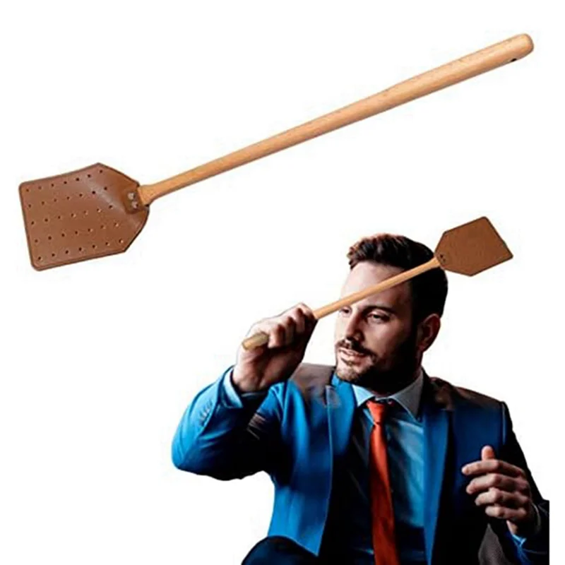 Y17A 2X PU Leather Fly Swatter Heavy Duty Manual Fly Swatter With Wood Handle,Durable Leather For Indoor Outdoor