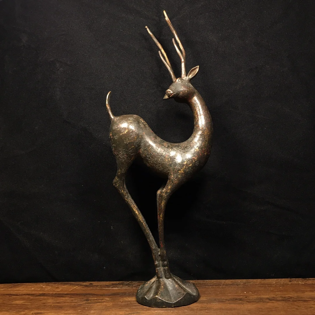 

15"Tibetan Temple Collection Old Bronze Cinnabar Lacquer Sika deer statue Office Ornaments Town House Exorcism