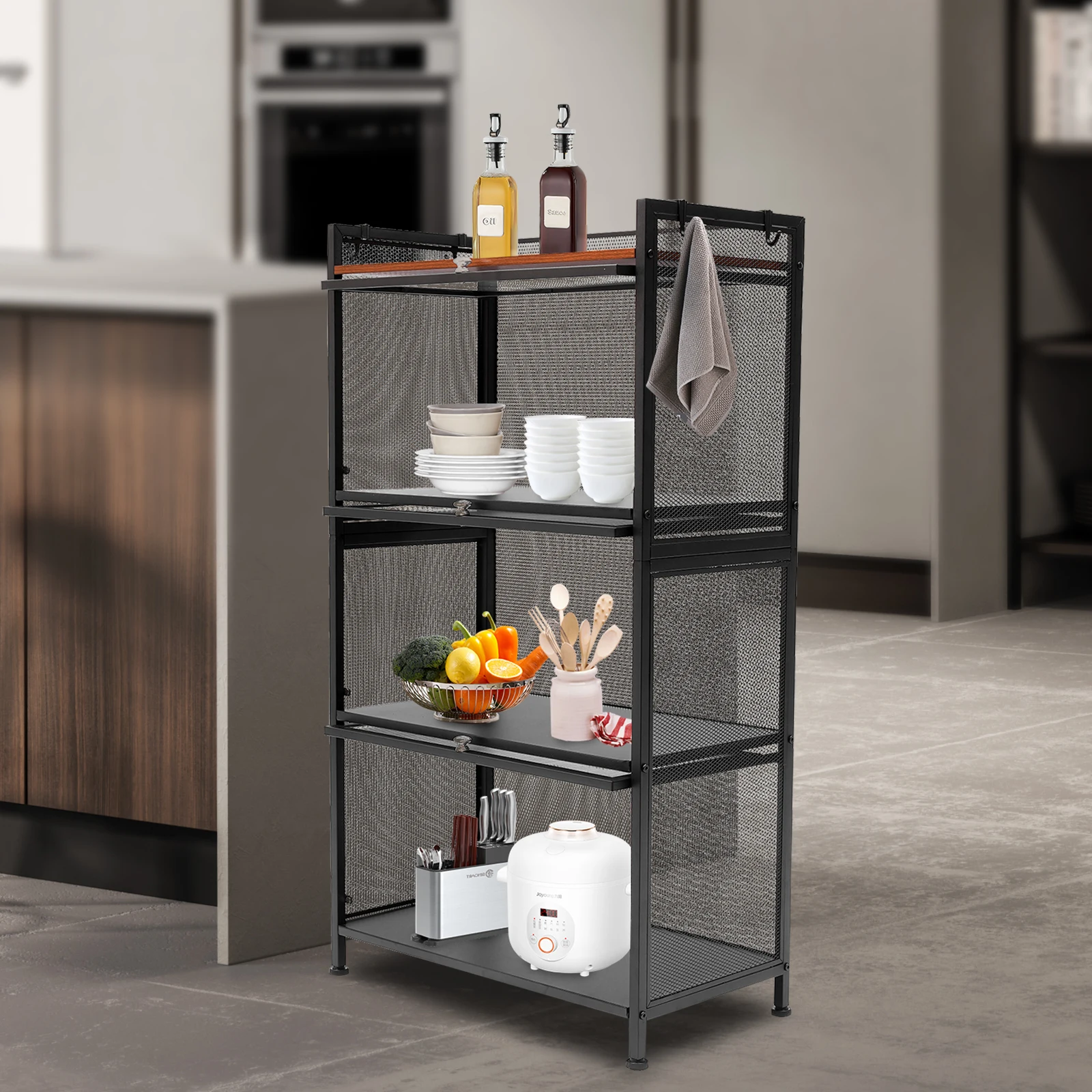 CNCESTKitchen Shelves Bread Rack 4 Tier Storage Rack Microwave Oven Stand Coffee Station Storage Cabinet Kitchen Organizer Shelf