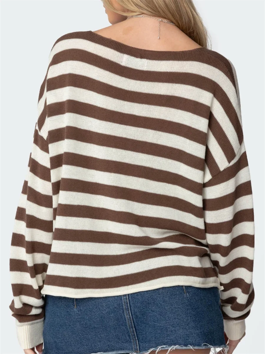 Women s Cozy Oversized Knit Pullover Sweater with Ribbed Round Neckline and Stylish Striped Design for Fall Winter Casual Wear
