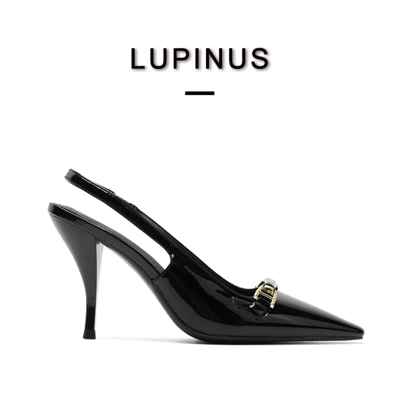Gold Buckle High Heels Women Black Glossy Sexy Square Toe Slingback