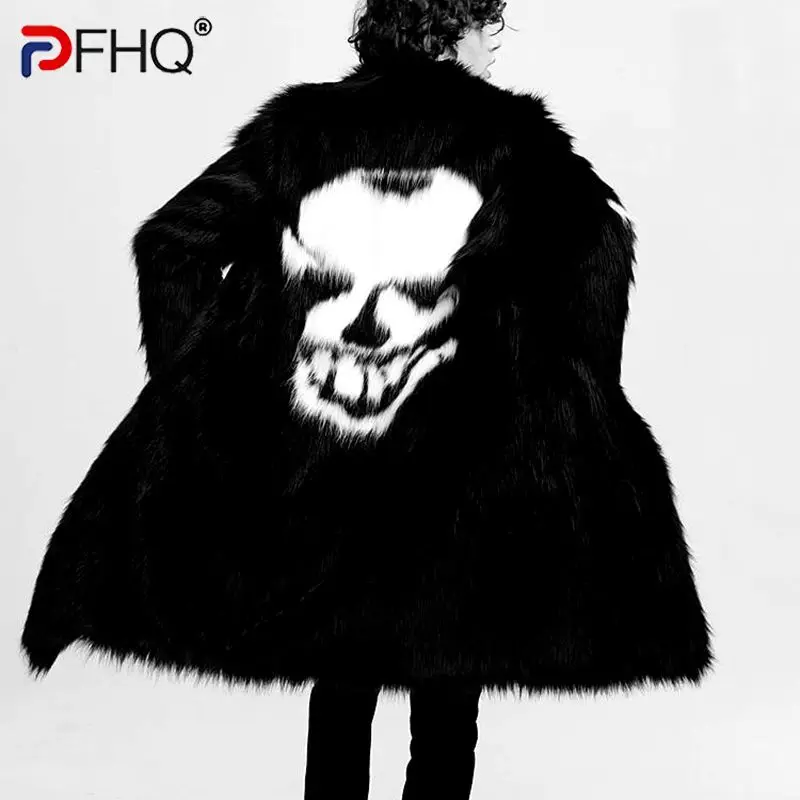 

PFHQ Men's Personality Smiling Face Skull Pattern Versatile Faux Fur Long Coat Loose Warm Autumn Creativity Windbreakers 21Z2169