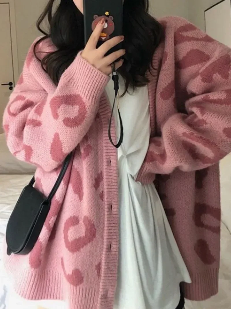 여성용 캐주얼 스웨터, 한국 패션 용수철 핑크 레오파드 V넥 긴팔 카디건, 루즈 코트