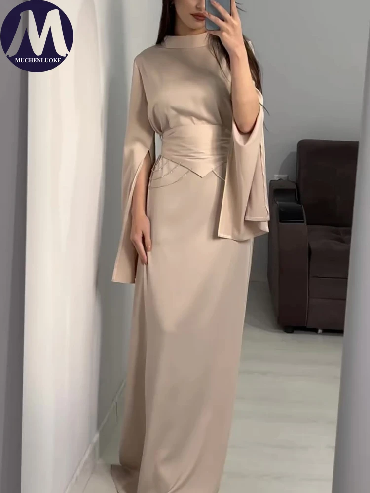 Женское платье с длинным рукавом и высоким воротником, приталенные вечерние платья, модные, элегантные, весна, лето, новинка, 2024 г.