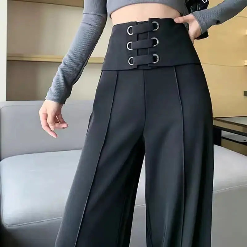 Women's Solid Color High Waisted Zipper Wide Leg Spring Autumn New Fashion Patchwork Bright Line Decoration Straight Suit Pants