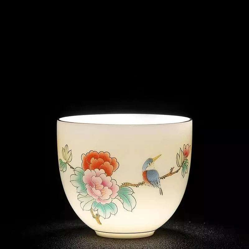 1PCS Sheep Fat Jade Tea Cup White Porcelain Landscape Gold Painting Kung Fu Tea Set Household High-end Tea Cup Drinking Utensils