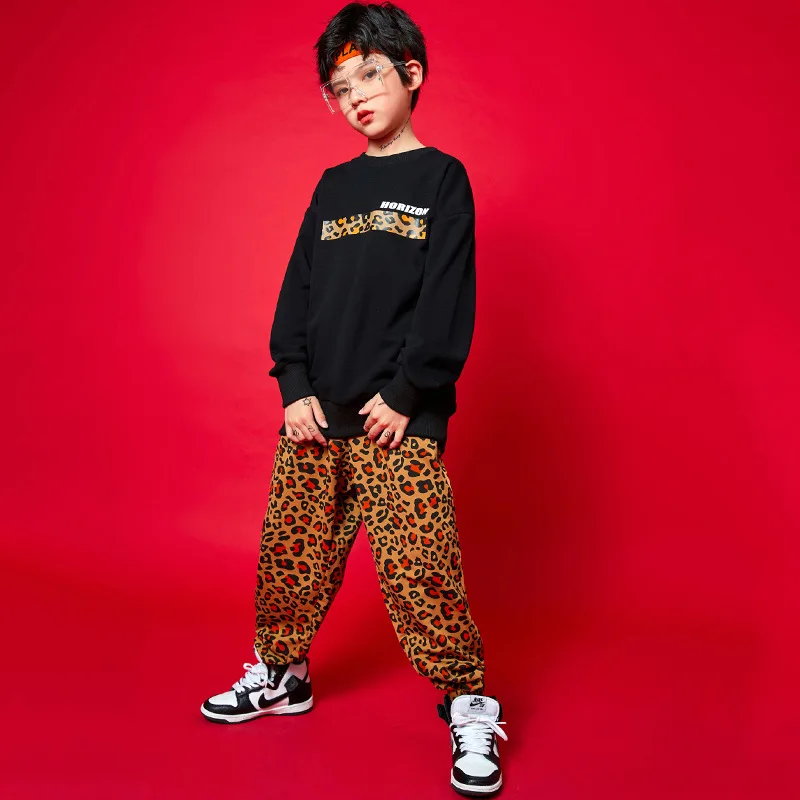 

Fashion urban Dance Clothes Boys New Black Crewneck Letter Print T-shirt Elastic Waist Leopard Print Pant 2pcs Street Dance Suit