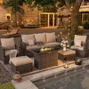 Patio Furniture Set with 44" Fire Pit Table, All-Weather Wicker Rattan Sofa Ottoman, 6 Pieces Outdoor Garden Sofa Sets 1