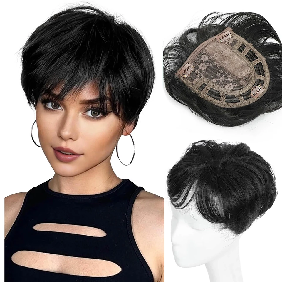 Topper per capelli corti da donna con capelli diradati, taglio pixie, extension sintetiche naturali per uso quotidiano