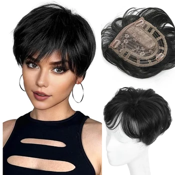 Topper per capelli corti da donna con capelli diradati, taglio pixie, extension sintetiche naturali per uso quotidiano