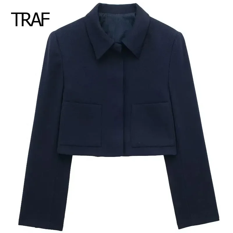 

TRAF Women's Blazer Tailoring Spring 2024 Blue Cropped Blazers Long Sleeves Top Korean Style Blazers Office Wear Professional