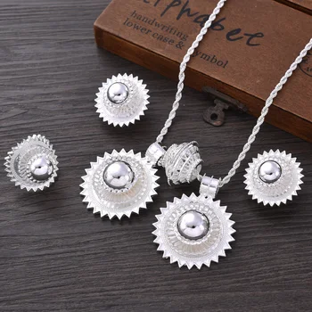 Silver Plated Fashion Ethiopian Big Size Earrings/2PCS Pendant/Ring Jewelry Set Silver Plate Africa Bride Wedding Eritrea  Gift 2